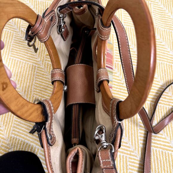 Fossil Canvas Leather Wood Satchel Purse Bag Double Handle Stripe bv - Picture 8 of 11